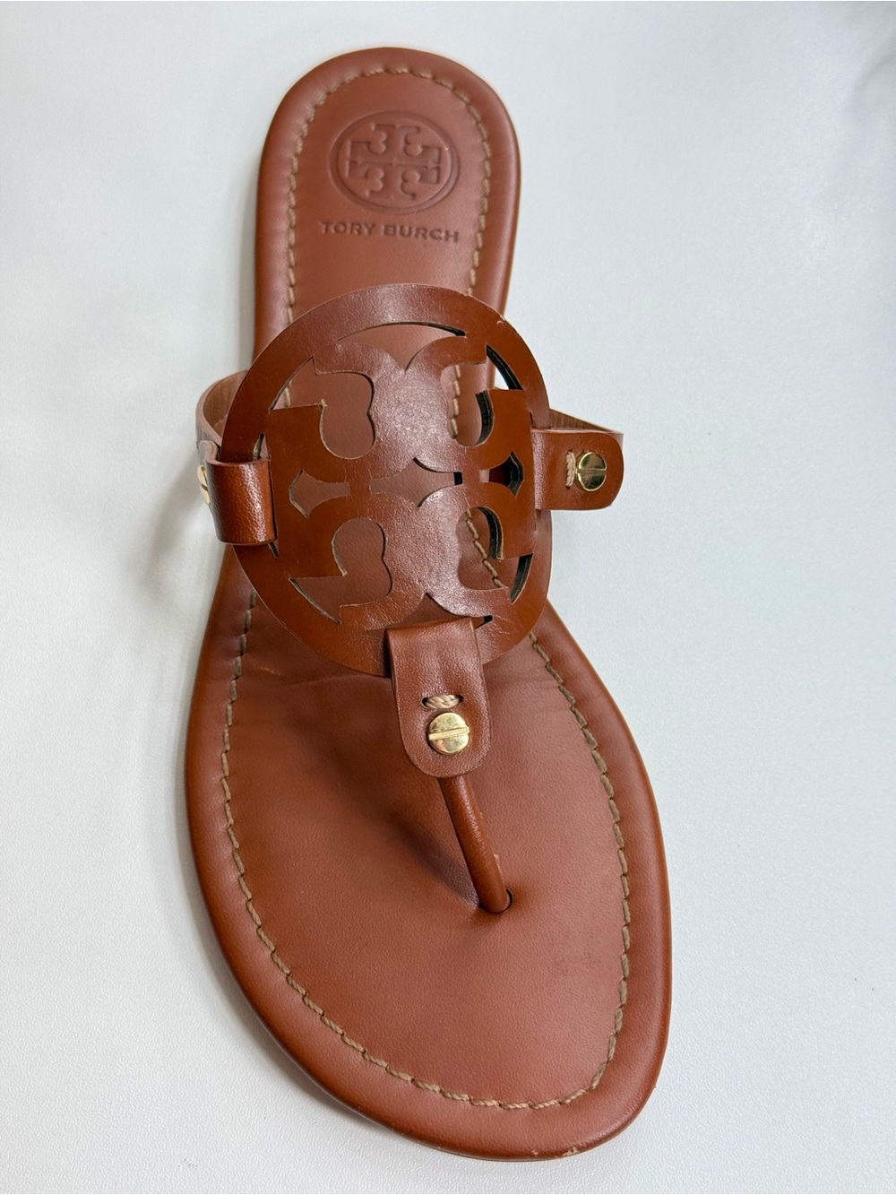Tory Burch Cognac Leather Logo Thong Sandals WORN ONCE - Picture 5 of 11